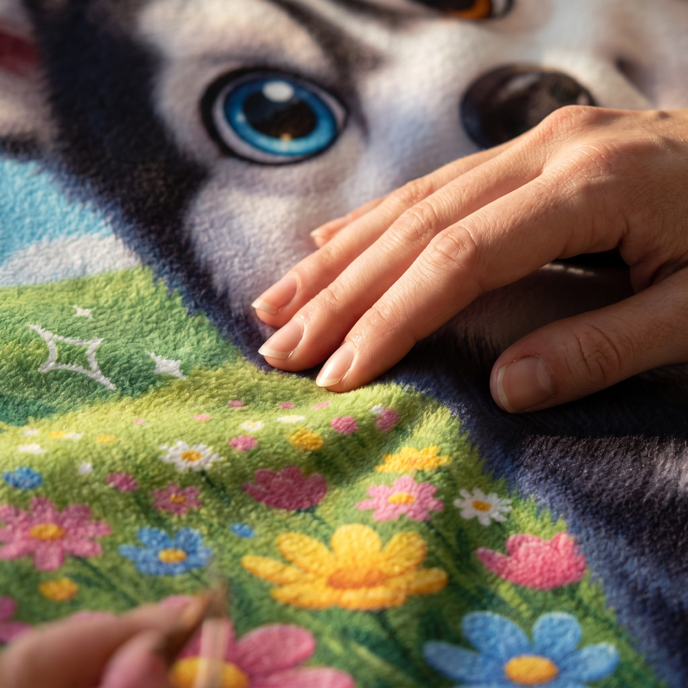 Close up of a hand on the ultra soft plush fleece showing the Meadow Cartoon print