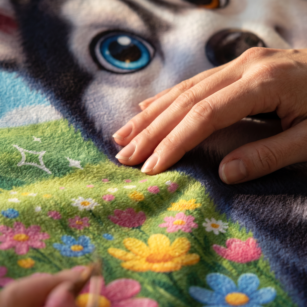 Close up of a hand on the ultra soft plush fleece showing the Meadow Cartoon print