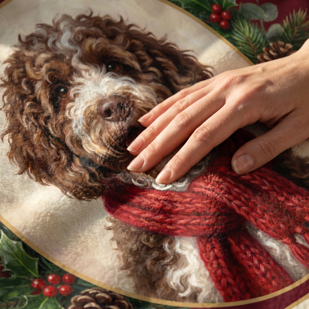 Close up of a hand on the ultra soft plush fleece showing the Christmas Card print