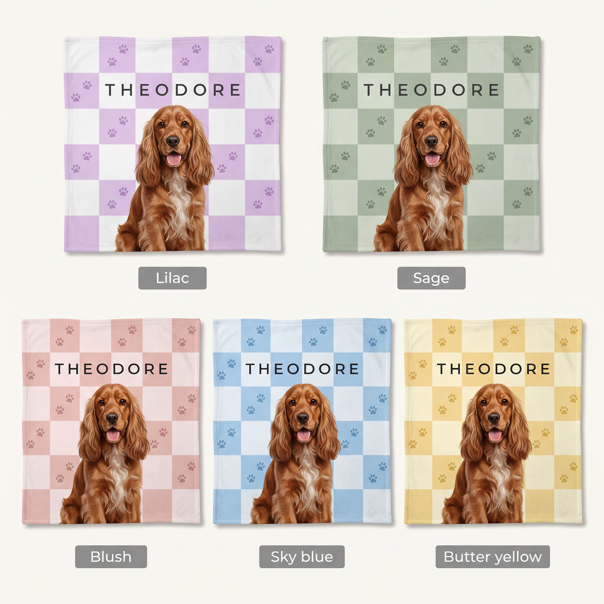 Paw Print Checkerboard colour options - lilac, sage, blush, sky blue, butter yellow
