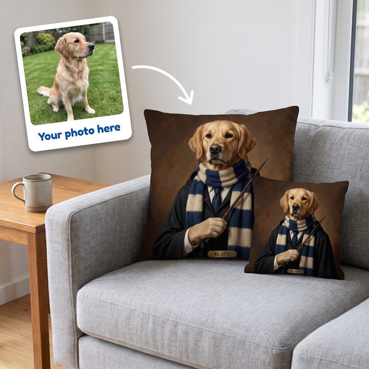 Your photo here - your pet's photo turned into a Wizard School portrait on a personalised cushion