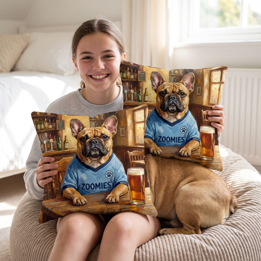 Pawchester City pet portrait cushion 26cm x 26cm being enjoyed at home