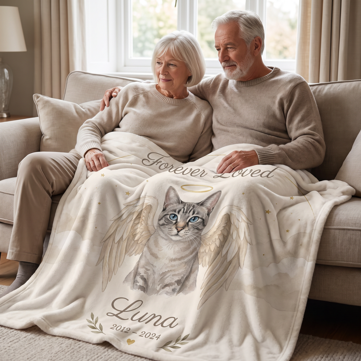 Angel Wings Memorial portrait king size fleece throw being enjoyed