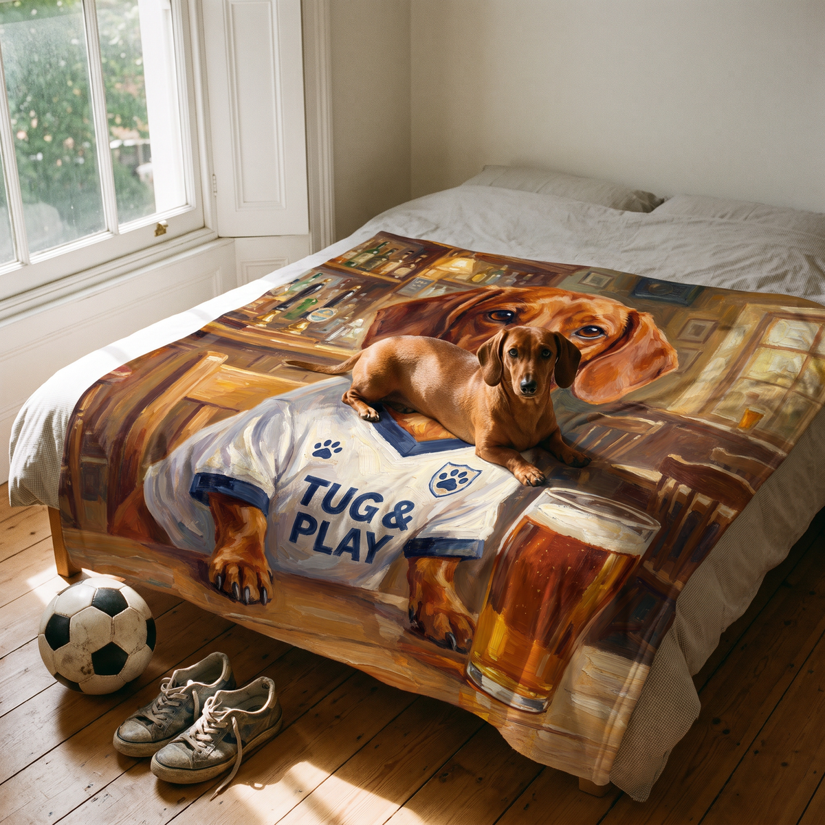 Pawtenham Hotspur pet portrait king size fleece throw being enjoyed