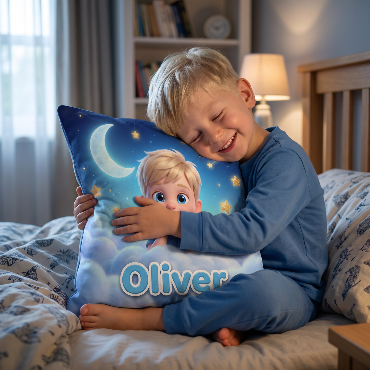 Dreamy Clouds Blue personalised cushion at home with the real child
