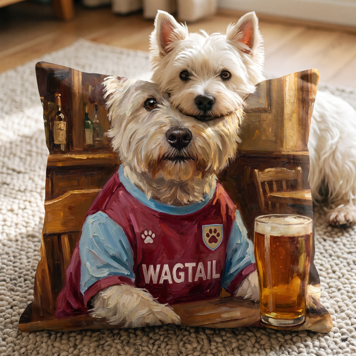 Westie Ham United personalised pet cushion with the real pet