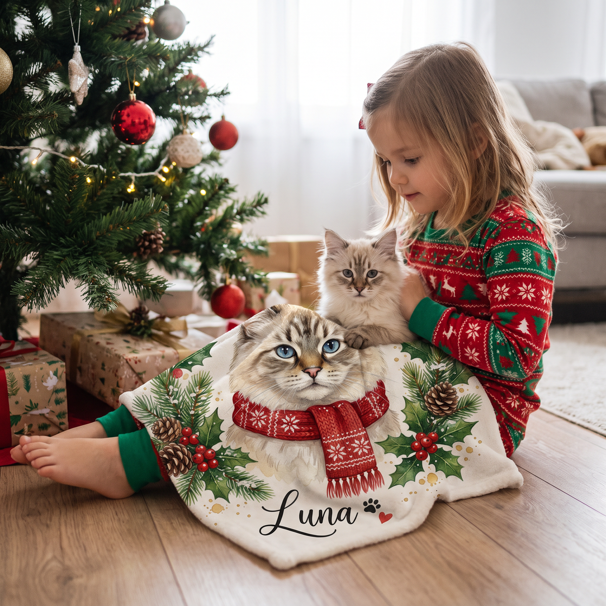 Lap size 75cm x 75cm Christmas Holly Wreath pet portrait blanket