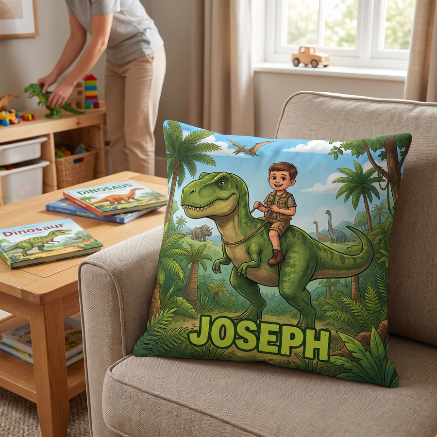 Dino Rider portrait cushion 45cm x 45cm in a family home