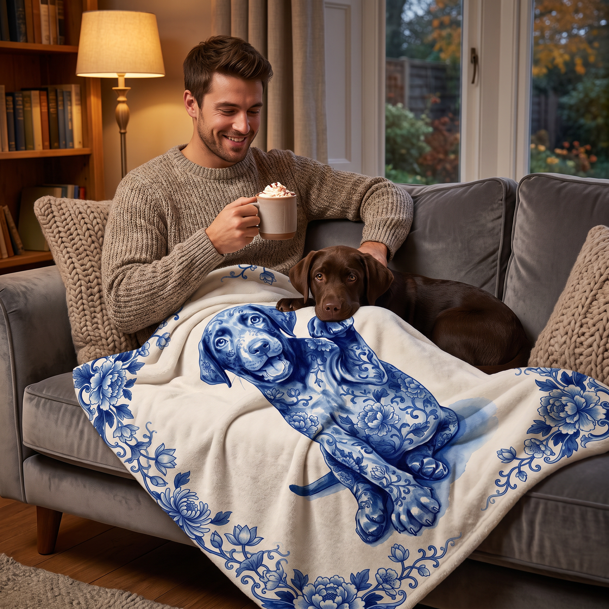 Man wrapped in a personalised labrador portrait blanket on the sofa with his dog