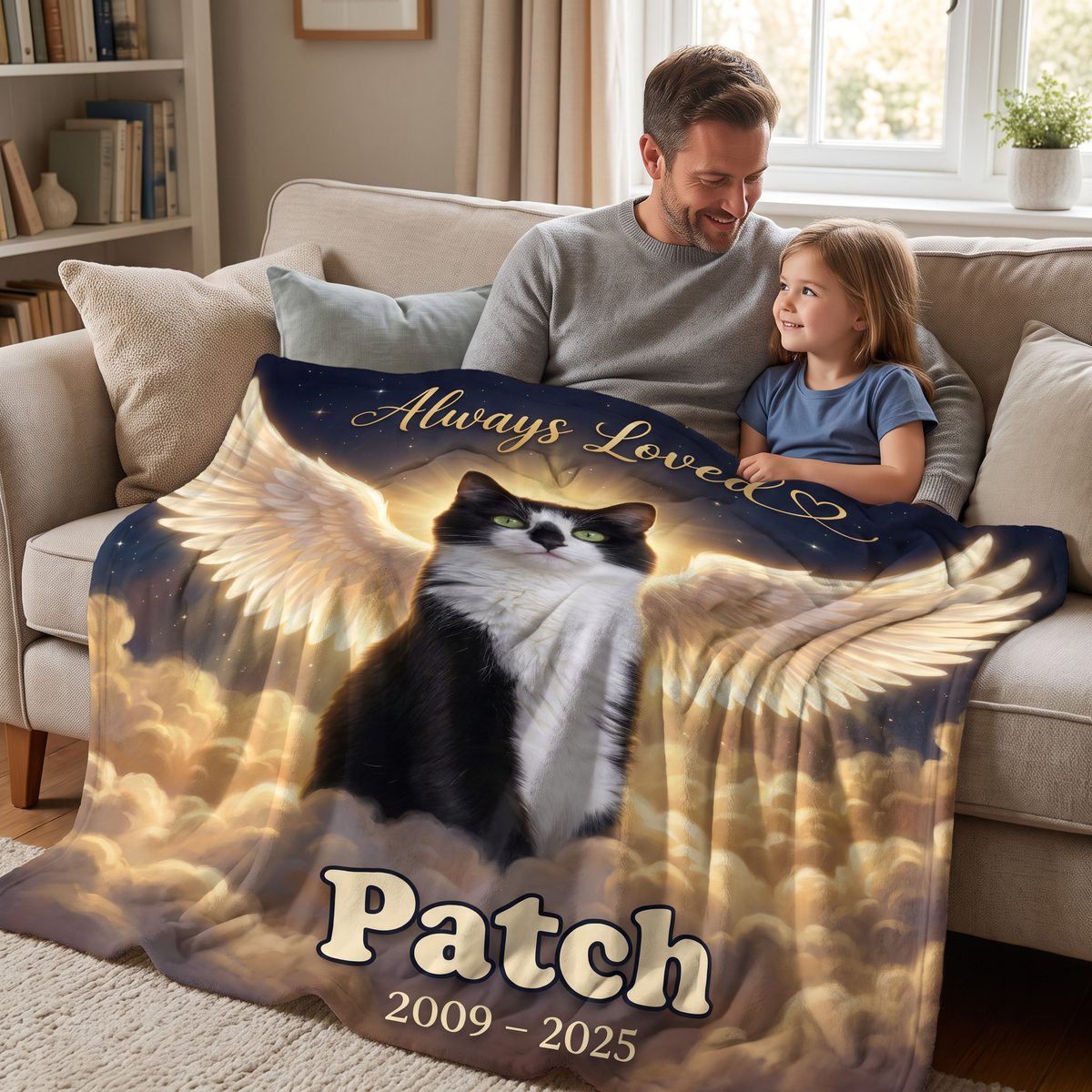 Heavenly Clouds Memorial personalised blanket at home