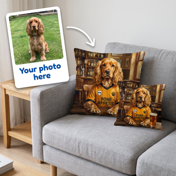 Your photo here - your pet's photo turned into a Woofverhampton Wanderers portrait on a personalised cushion
