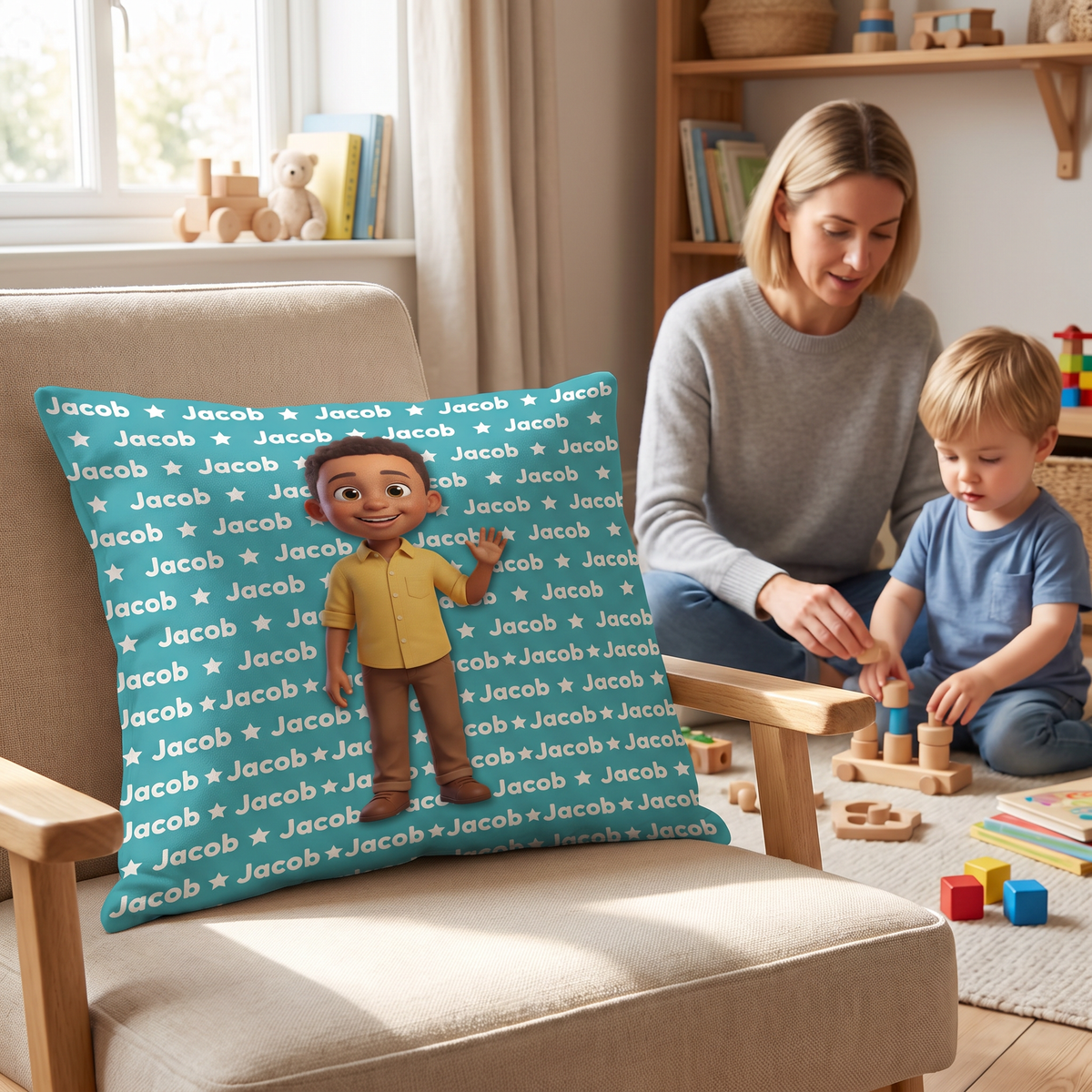 Cartoon Name Pattern portrait cushion 45cm x 45cm in a family home