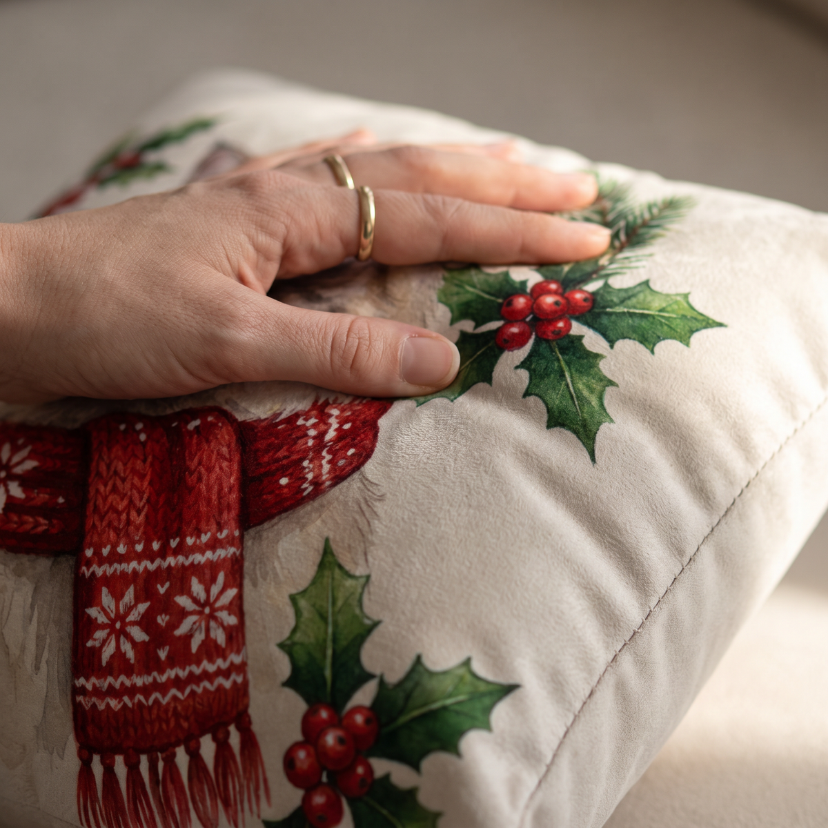 Close up of a hand on the soft-touch faux suede showing the Christmas Holly Wreath print