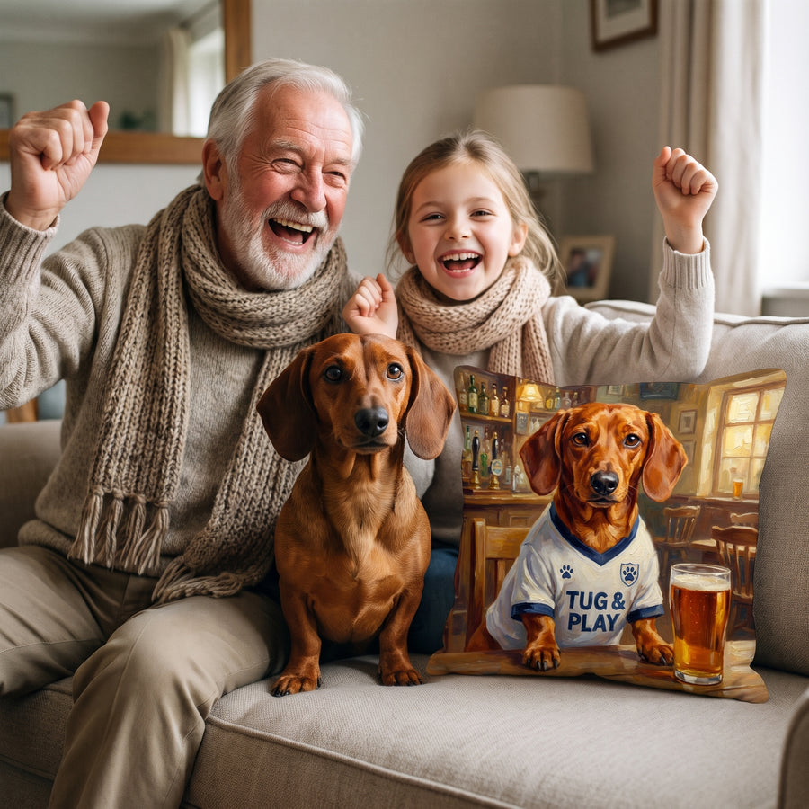 Pawtenham Hotspur pet portrait cushion 45cm x 45cm in a family home with the real pet