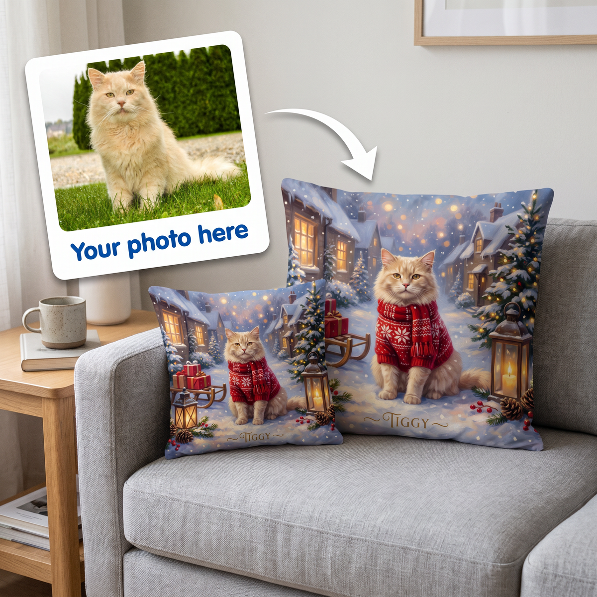 Your photo here - your pet's photo turned into a Christmas Snowy Village portrait on a personalised cushion
