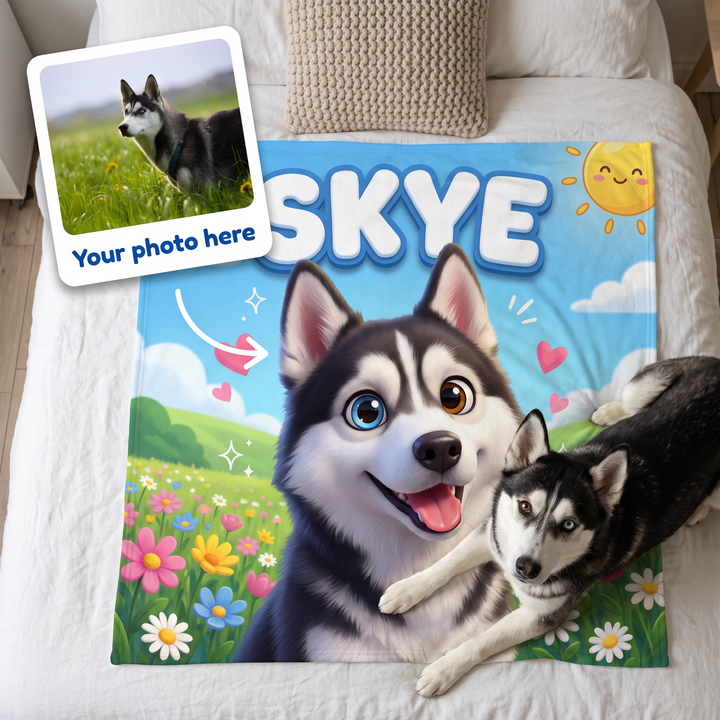 Your photo here - your pet's photo turned into a Meadow Cartoon portrait on a king size fleece blanket