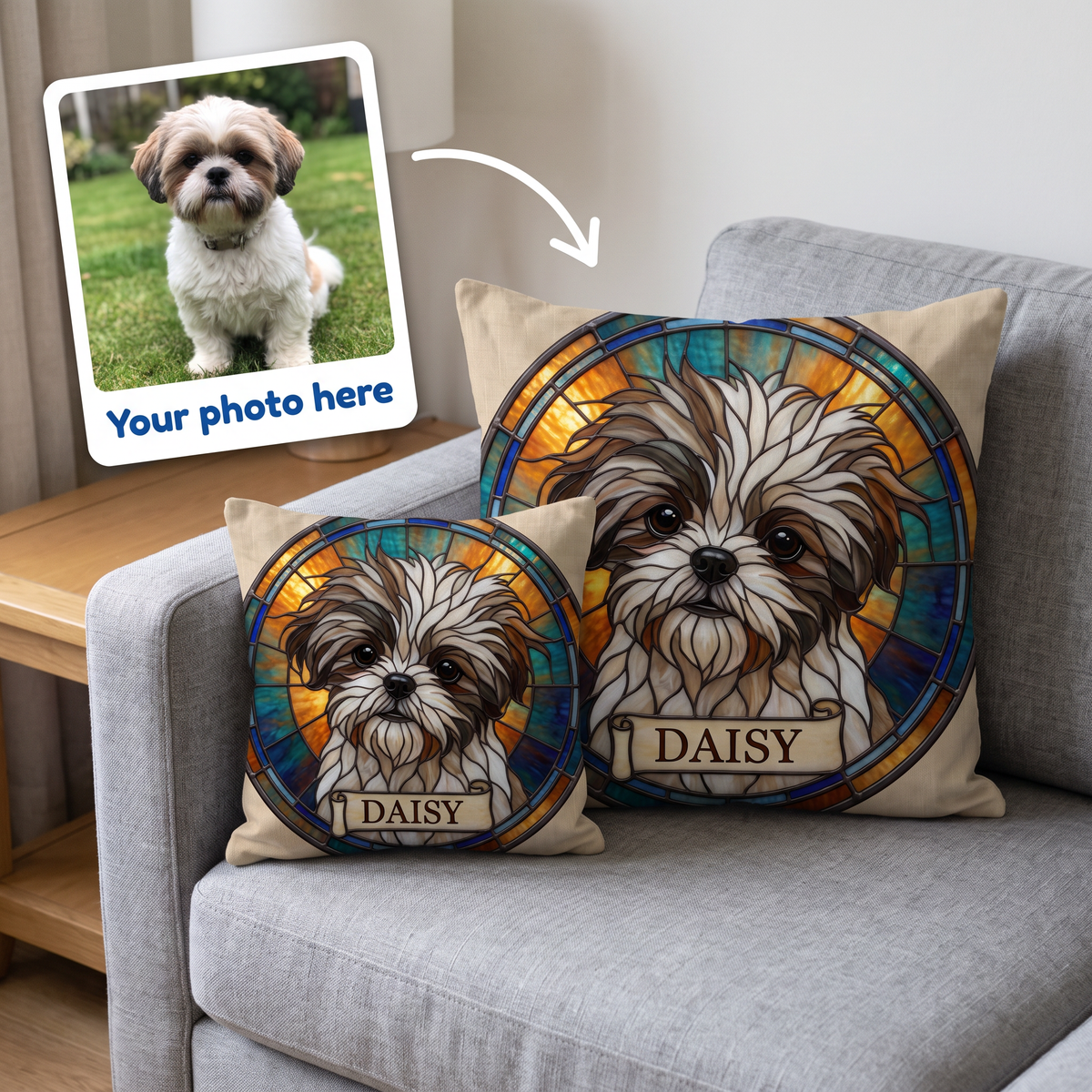 Your photo here - your pet's photo turned into a Stained Glass portrait on a personalised cushion