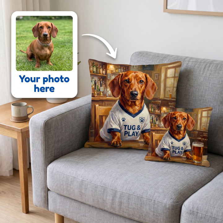 Your photo here - your pet's photo turned into a Pawtenham Hotspur portrait on a personalised cushion