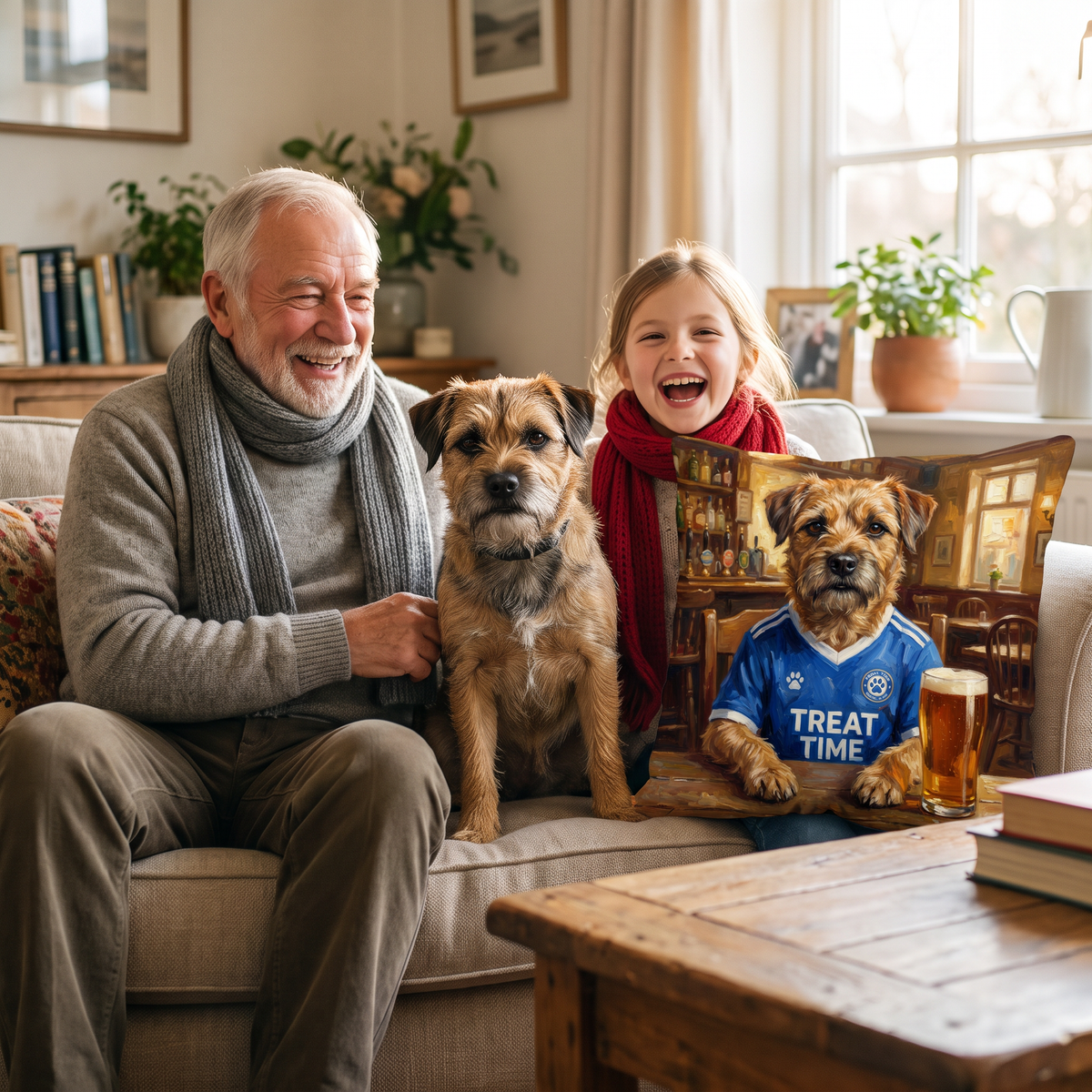 Peterton pet portrait cushion 45cm x 45cm in a family home with the real pet