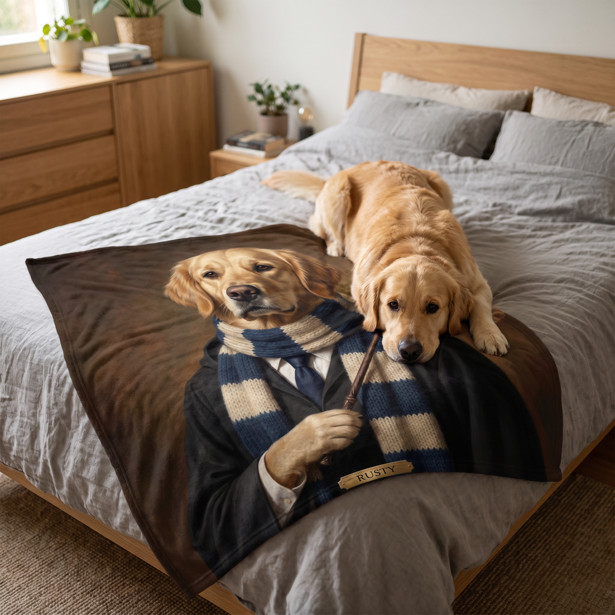 Wizard School personalised pet blanket at home with the real pet