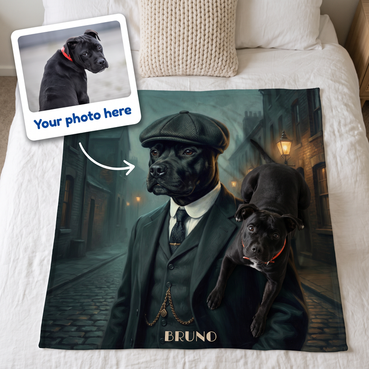 Your photo here - your pet's photo turned into a 1920s Flat Cap portrait on a king size fleece blanket