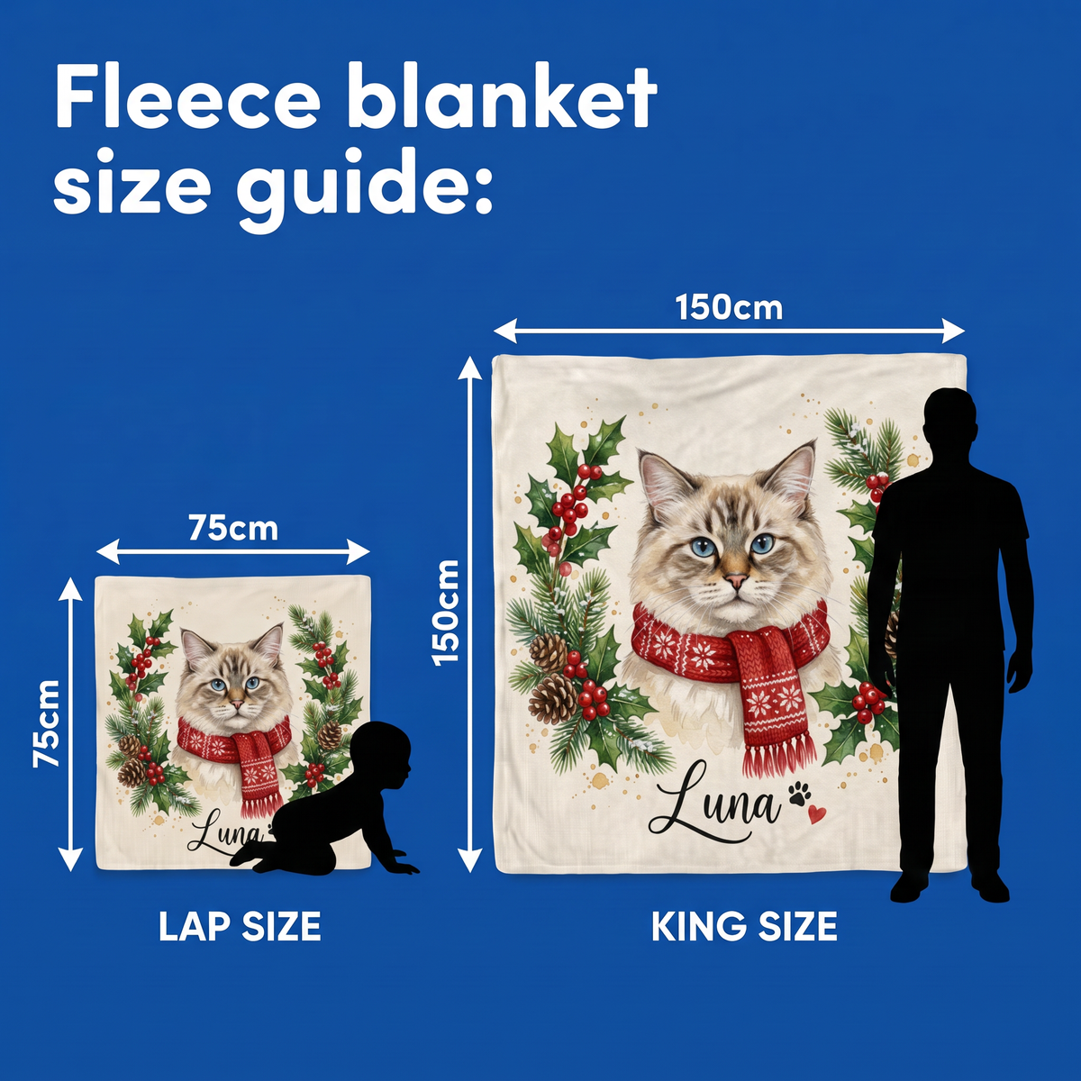 Fleece blanket size guide - Lap Size 75cm x 75cm and King Size 150cm x 150cm
