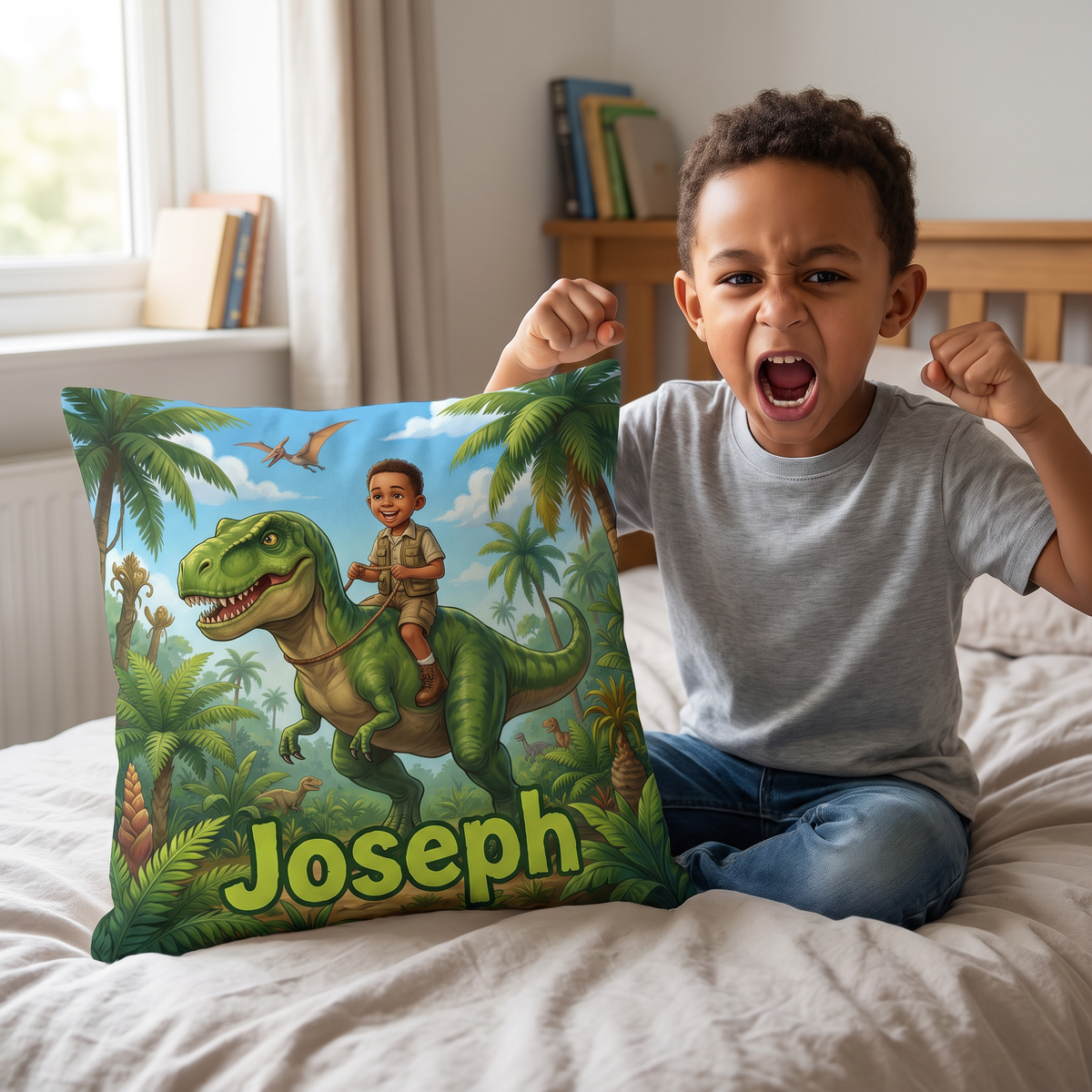 Dino Rider personalised cushion at home with the real child
