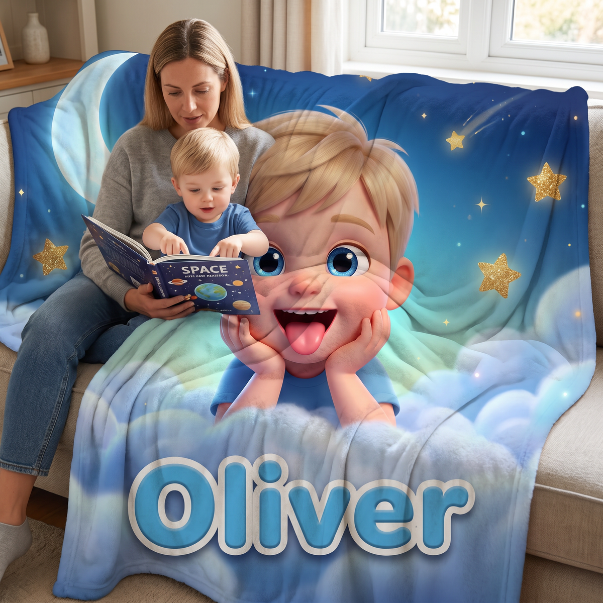 Dreamy Clouds Blue portrait king size fleece throw being enjoyed