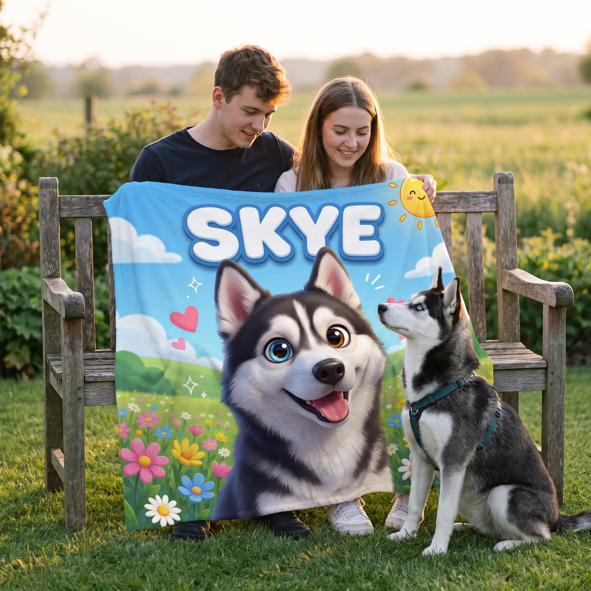 Meadow Cartoon pet portrait king size fleece throw being enjoyed