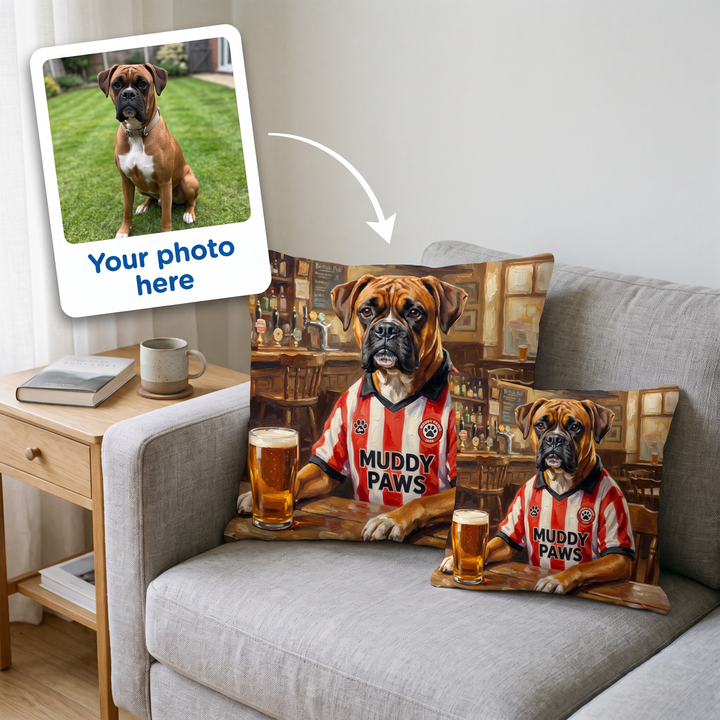 Your photo here - your pet's photo turned into a Sniffderland portrait on a personalised cushion