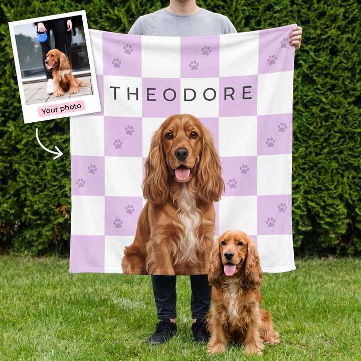 Your photo here - your pet's photo turned into a Paw Print Checkerboard portrait on a king size fleece blanket