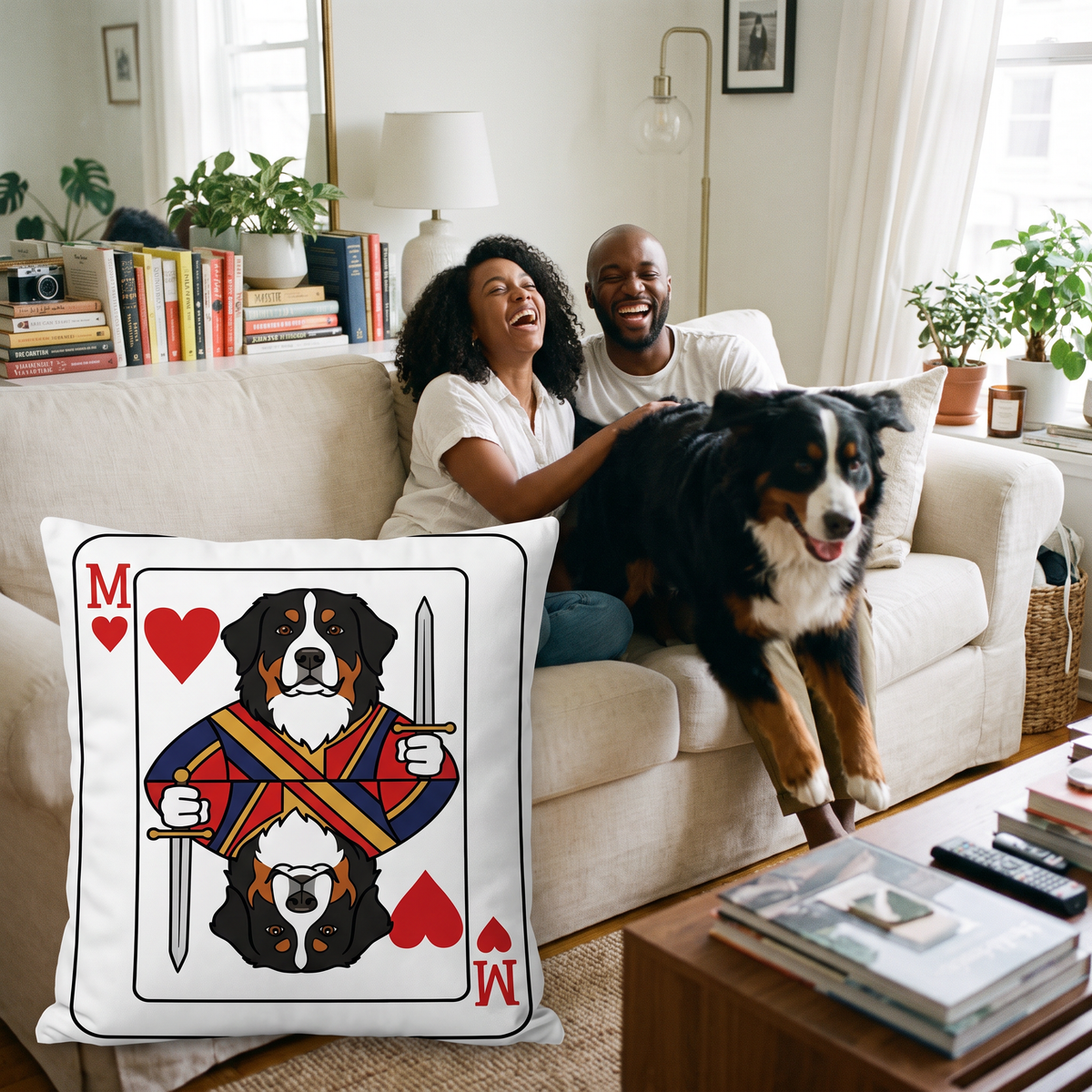 Playing Card pet portrait cushion 45cm x 45cm in a family home with the real pet