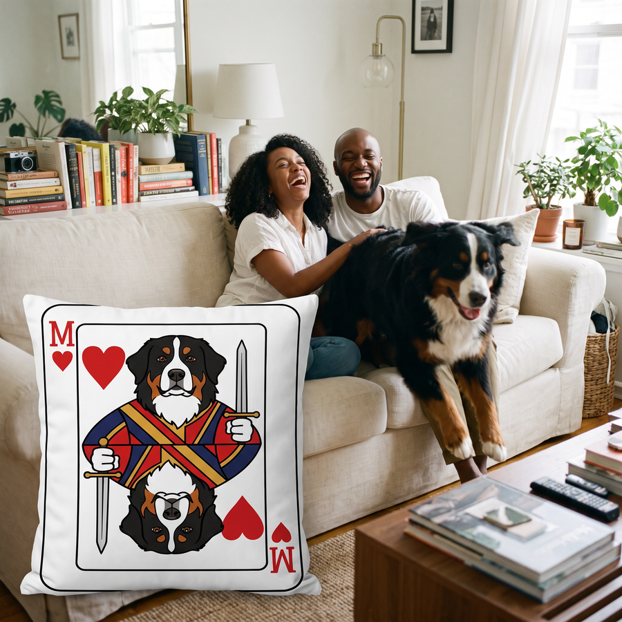 Playing Card pet portrait cushion 45cm x 45cm in a family home with the real pet