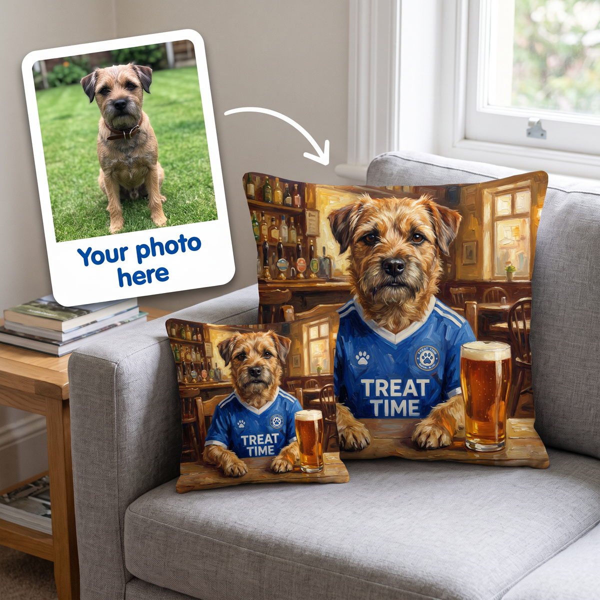 Your photo here - your pet's photo turned into a Peterton portrait on a personalised cushion