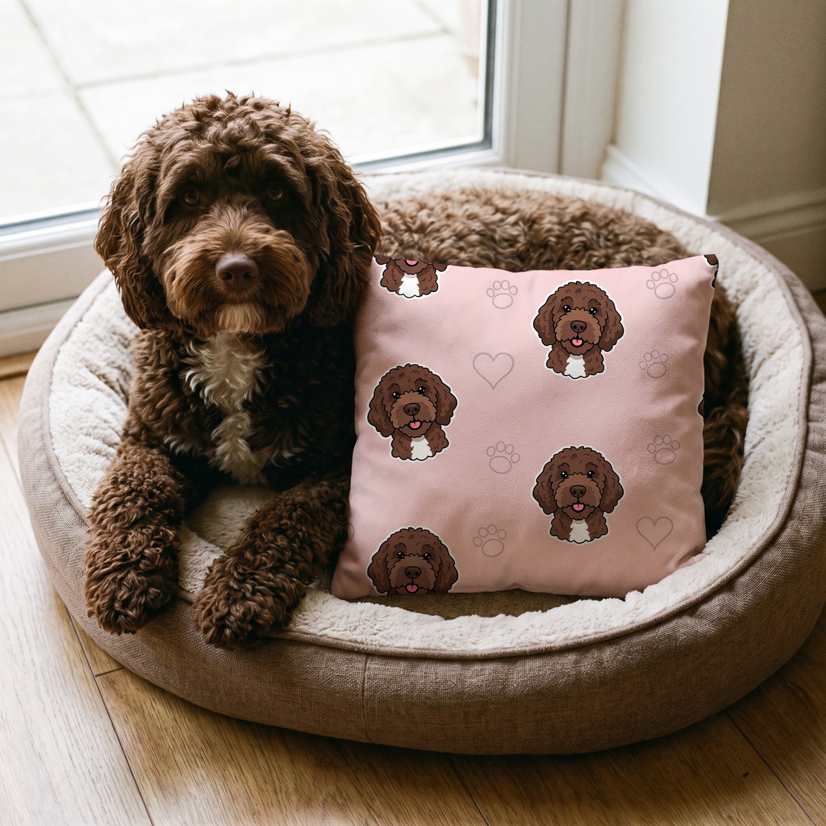 Doodle Pattern personalised pet cushion with the real pet