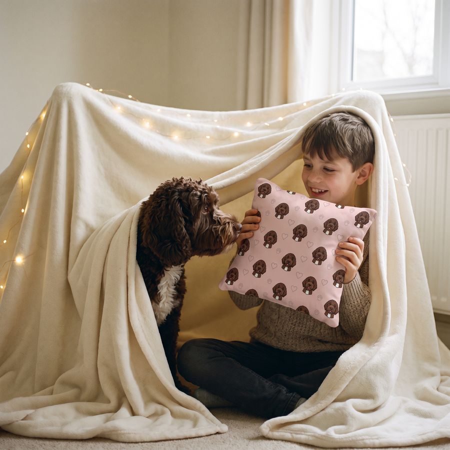 Doodle Pattern pet portrait cushion 26cm x 26cm being enjoyed at home