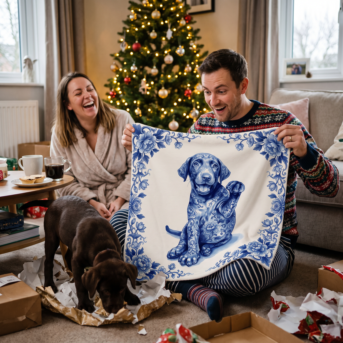 Man unwrapping a personalised labrador portrait blanket on Christmas morning