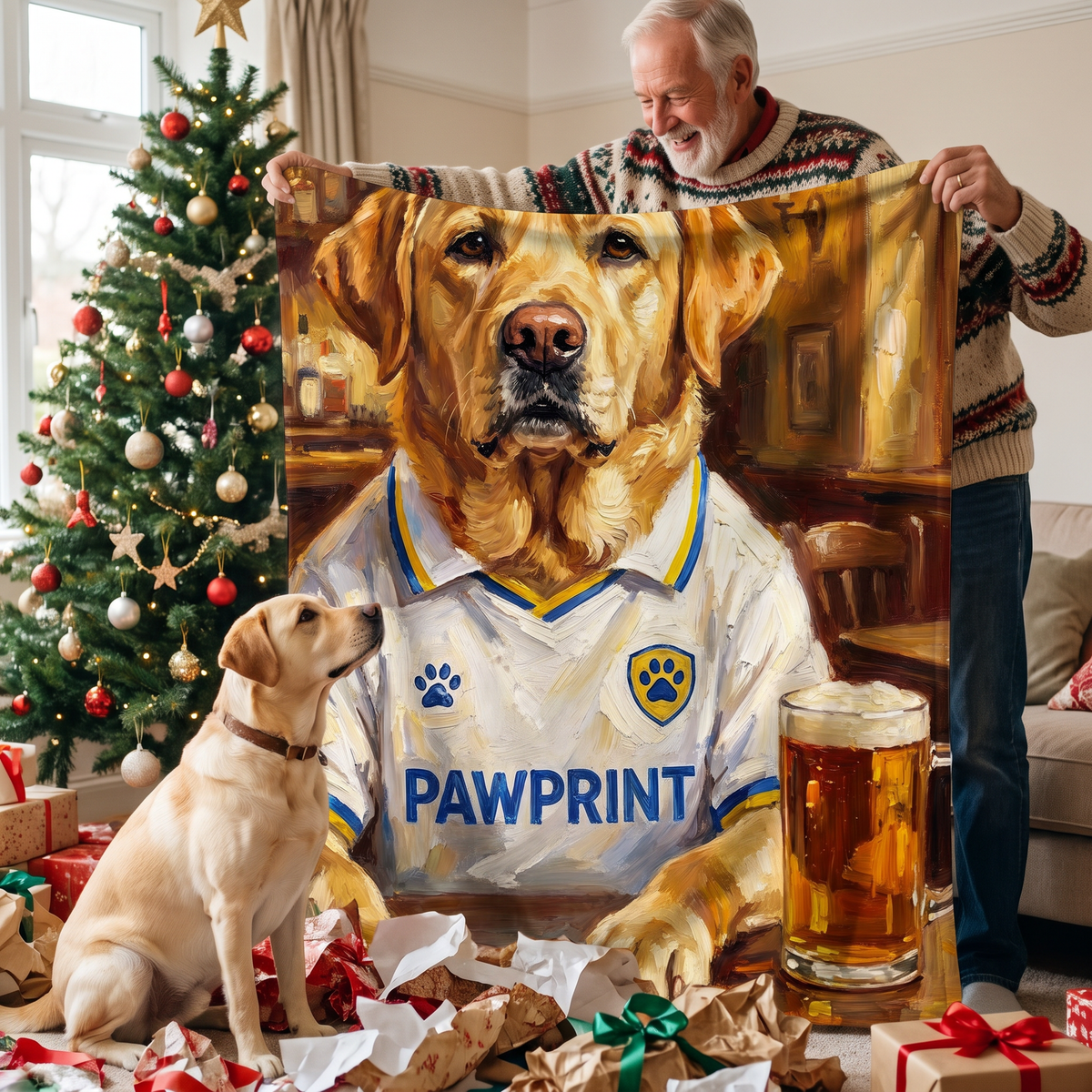 Leads United pet portrait fleece blanket in a cosy lifestyle setting