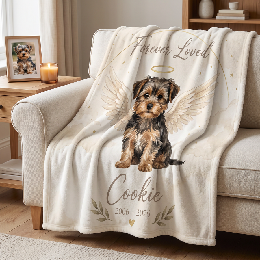 Angel Wings Memorial portrait fleece blanket in a cosy lifestyle setting