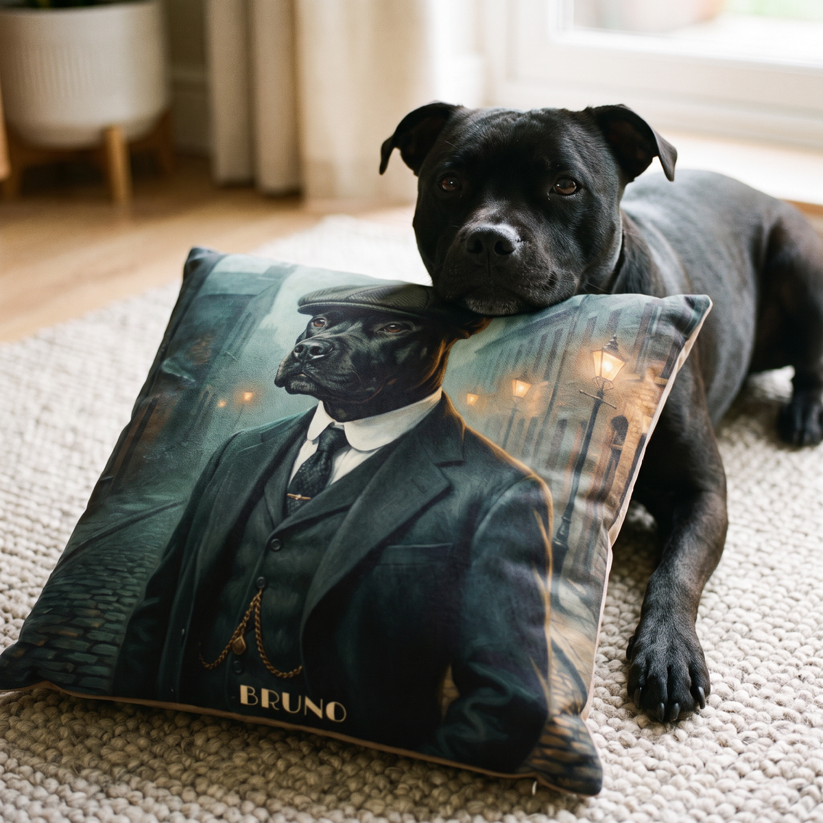 1920s Flat Cap personalised pet cushion with the real pet
