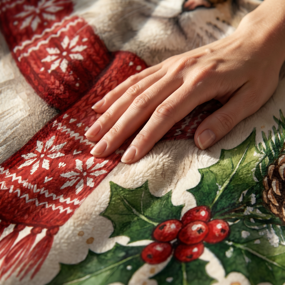 Close up of a hand on the ultra soft plush fleece showing the Christmas Holly Wreath print
