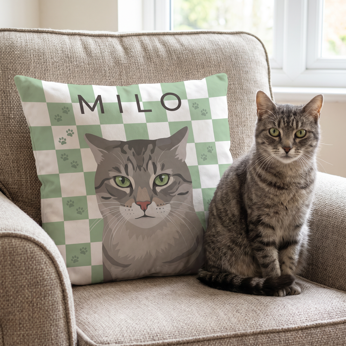 Paw Print Checkerboard personalised cushion at home with the real pet