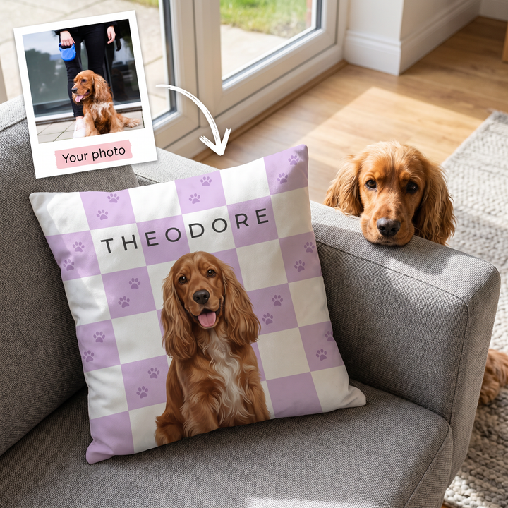 Your photo here - your pet's photo turned into a Paw Print Checkerboard portrait on a personalised cushion
