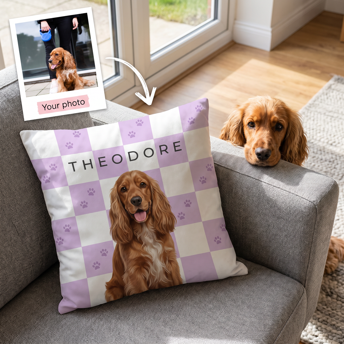 Your photo here - your pet's photo turned into a Paw Print Checkerboard portrait on a personalised cushion