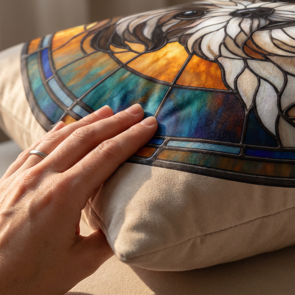 Close up of a hand on the soft-touch faux suede showing the Stained Glass print