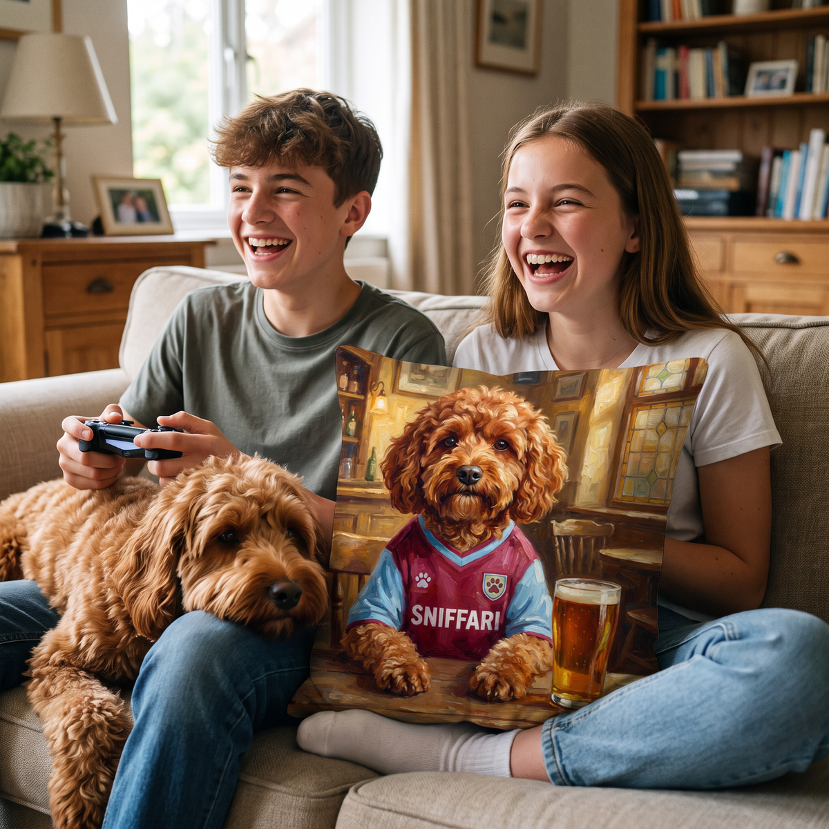 Pawston Villa pet portrait cushion 45cm x 45cm in a family home with the real pet