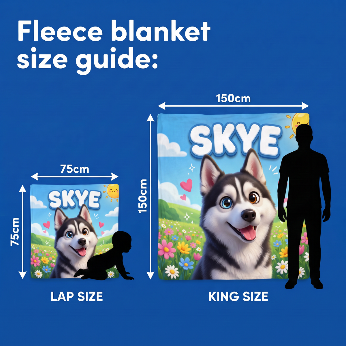 Fleece blanket size guide - Lap Size 75cm x 75cm and King Size 150cm x 150cm