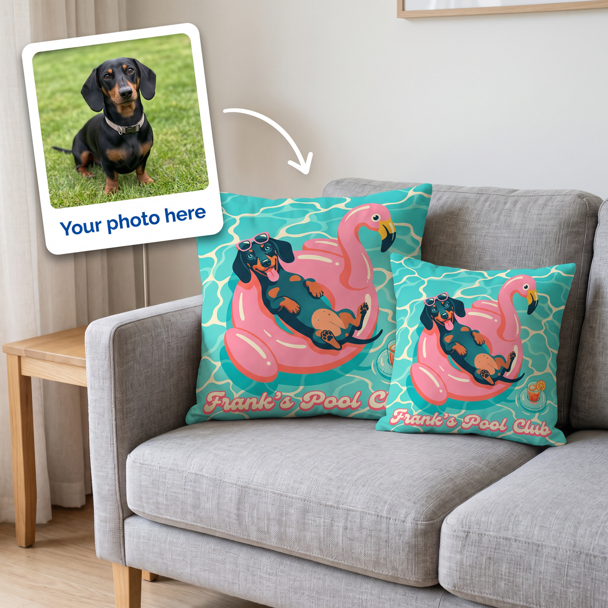 Your photo here - your pet's photo turned into a Pool Club portrait on a personalised cushion