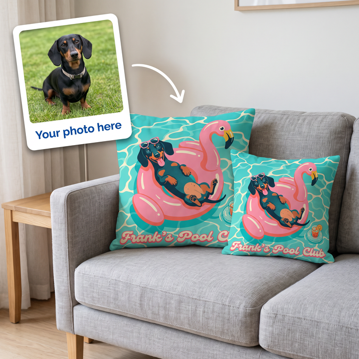 Your photo here - your pet's photo turned into a Pool Club portrait on a personalised cushion