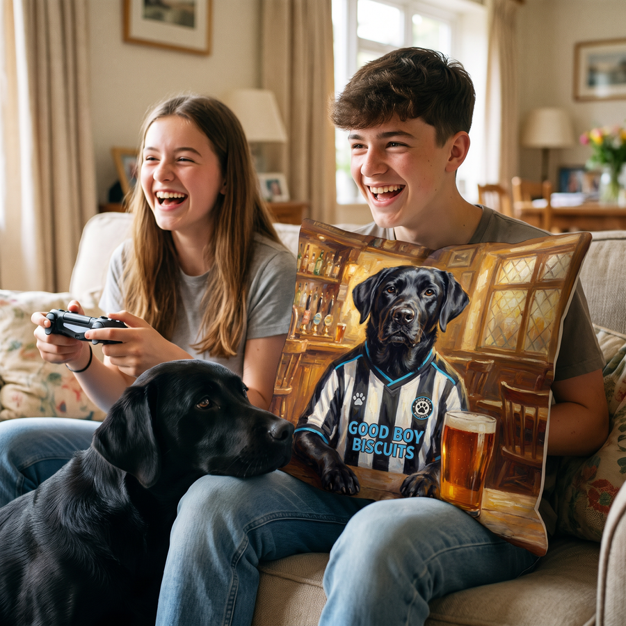 Petcastle United pet portrait cushion 45cm x 45cm in a family home with the real pet